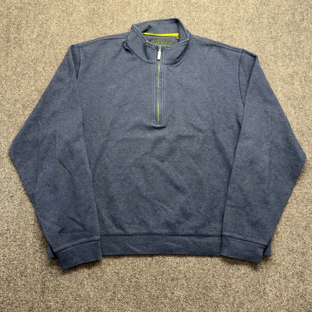 Orvis Mens Blue Quarter Zip Pullover Sweater XL Mock Neck Lime Trim